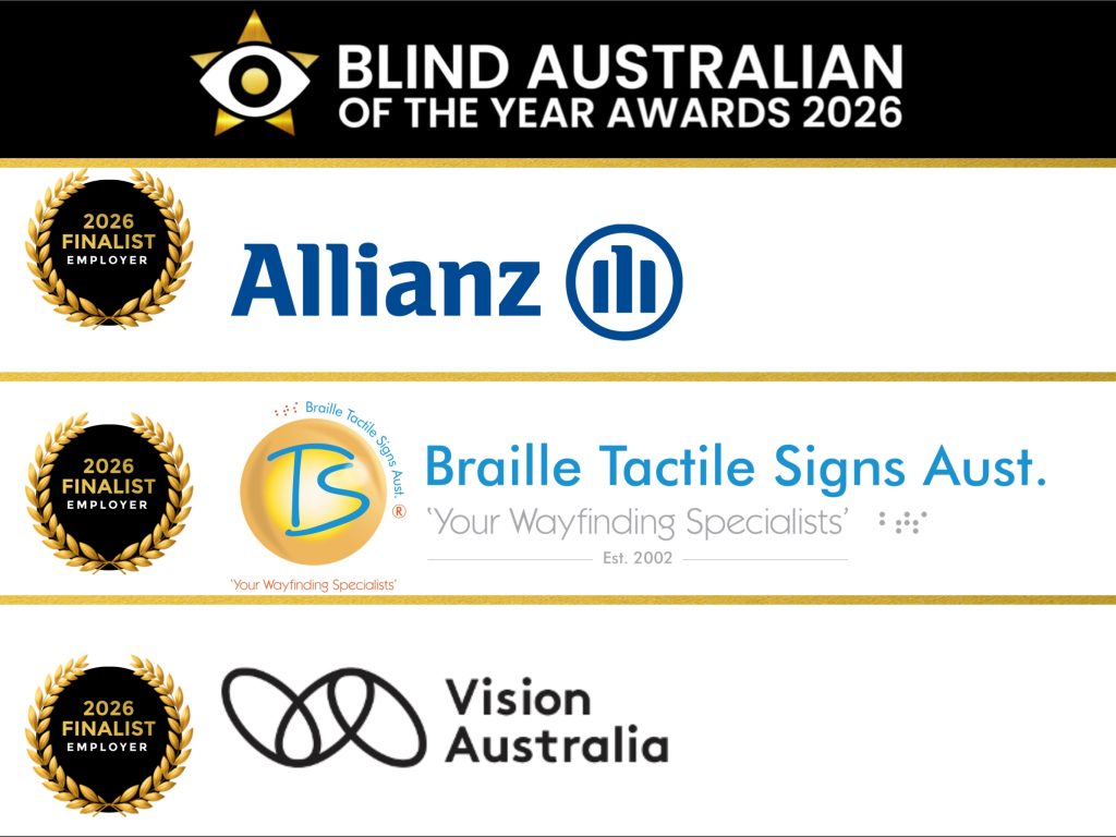 A black and gold poster featuring the logos of all three Employer of Choice finalists, alongside the words “Employer of Choice Finalists” and the Blind Australian of the Year Awards logo.