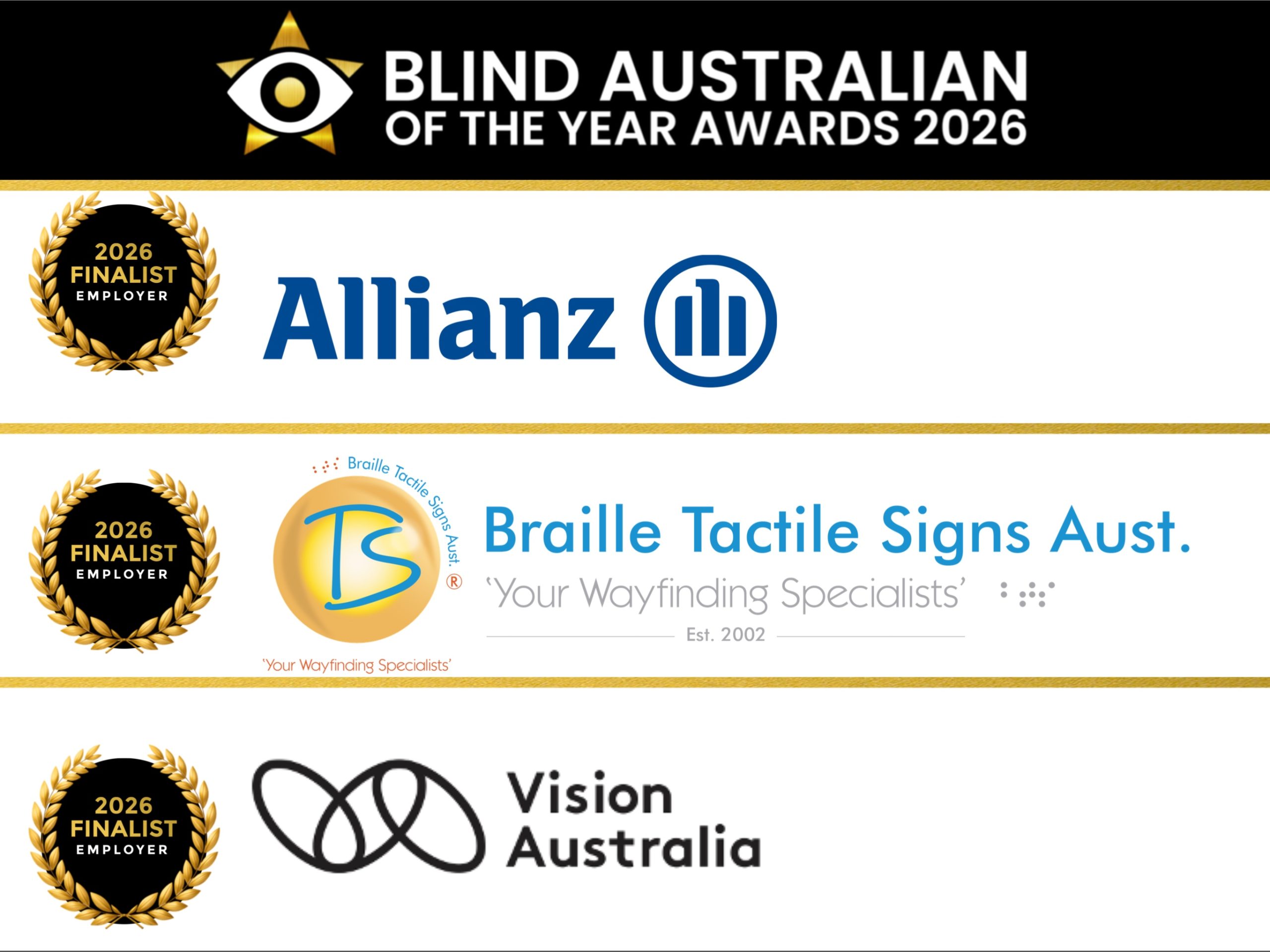 A black and gold poster featuring the logos of all three Employer of Choice finalists, alongside the words “Employer of Choice Finalists” and the Blind Australian of the Year Awards logo.